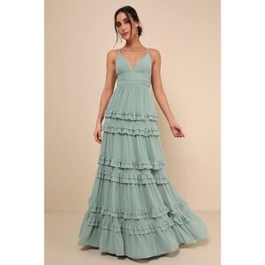 Lulus Lavish Perfection Sage Green Ruffled Tiered Maxi Dress - Size M